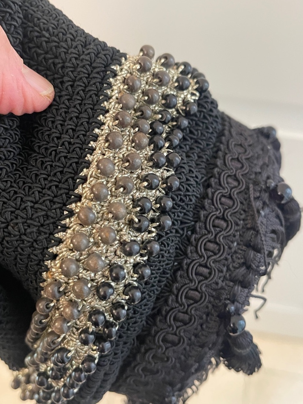 Boho Macramé Black Beaded Fringe Drawstring Satchel / resin bottom - Picture 10 of 13